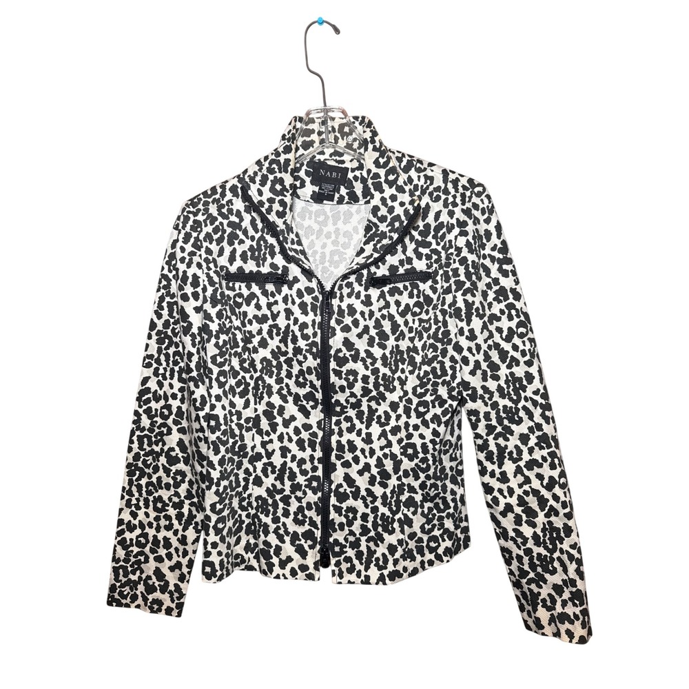 NABI Womens Small Leopard Print Full Zip Jacket Black White Textured Mock Neck